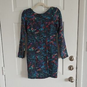 Rebecca Minkoff Designer Teal Multicolor Abstract Long Sleeve Dress